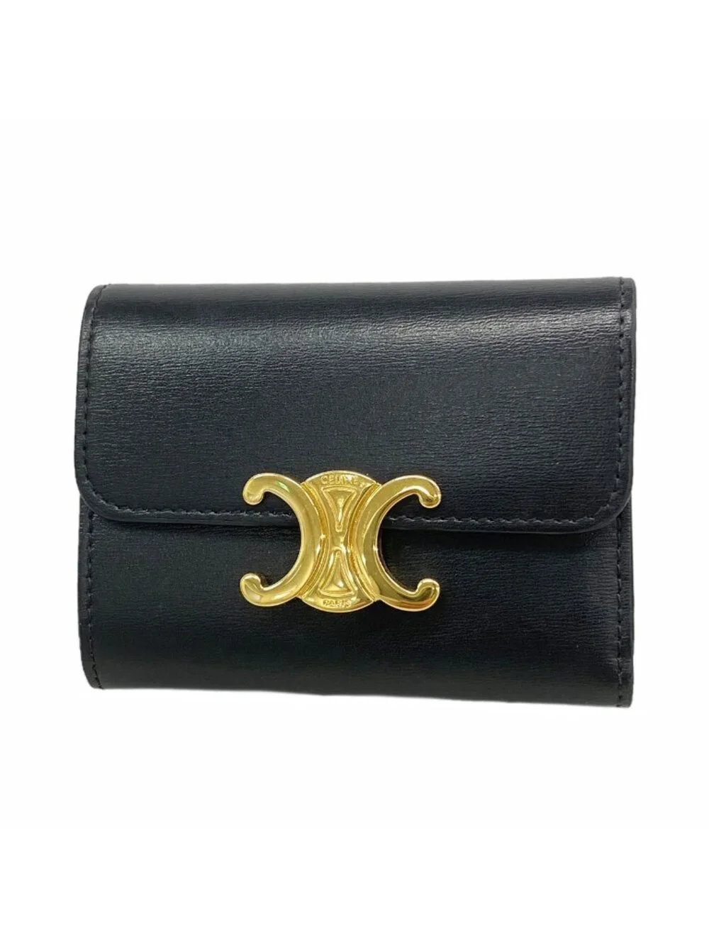 Celine Trifold Wallet Triomphe Leather Black Gold